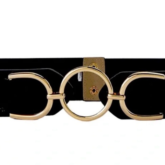 New Vince Camuto Black Croc-Textured Elastic Waist Belt with Gold Ring SizeM/L